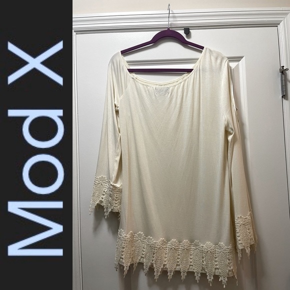 NWOT $60R MODX One Cold Shoulder/ One Off-The Shoulder Lace Trim Tunic Size L - Picture 1 of 10